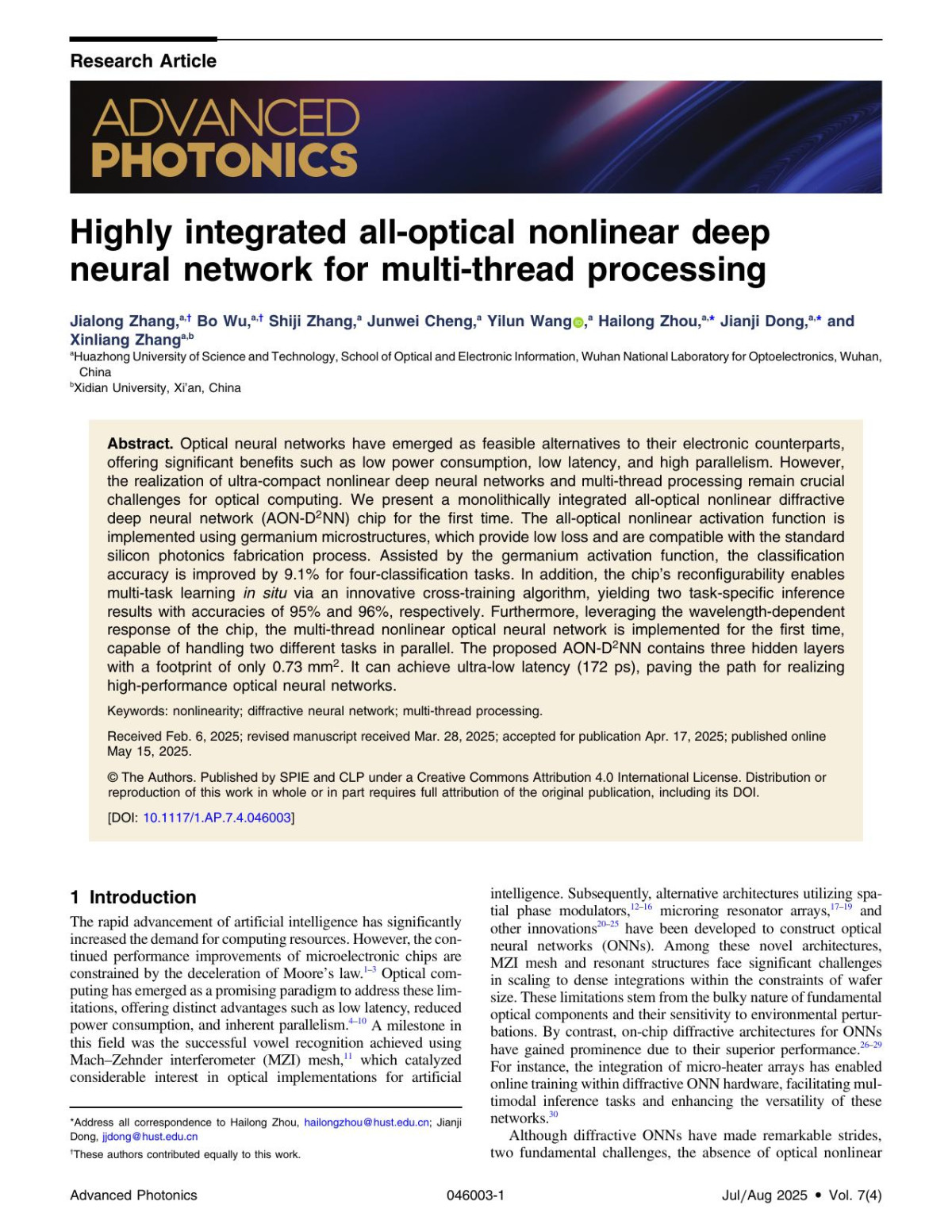 Highly Integrated Alloptical Nonlinear Deep Neural Network For Multithread Processing Jialong Zhang