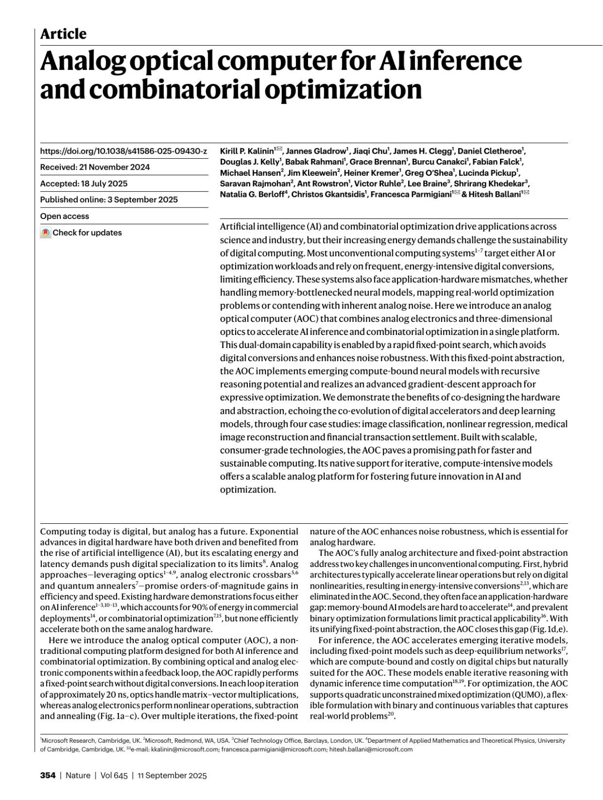 Analog Optical Computer For Ai Inference And Combinatorial Optimization Kirill P Kalinin