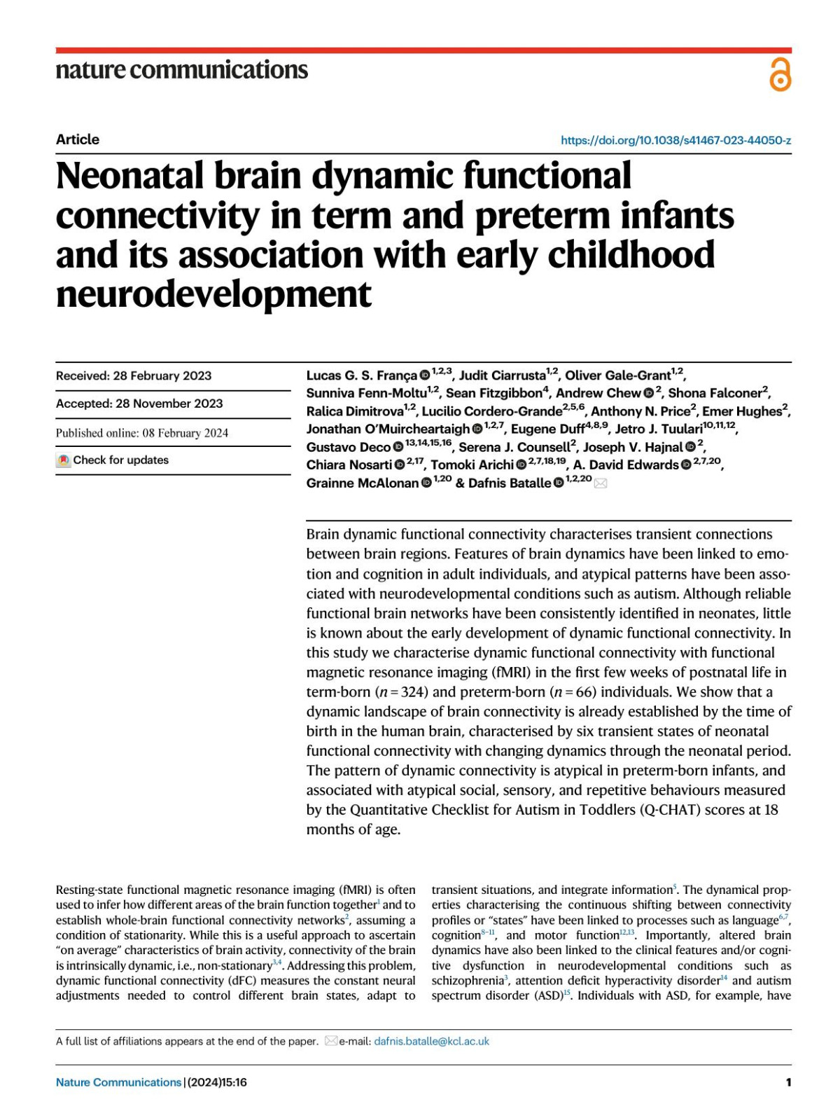 Neonatal Brain Dynamic Functional Connectivity In Term And Preterm Infants And Its Association With Early Childhood Neurodevelopment Lucas G S França
