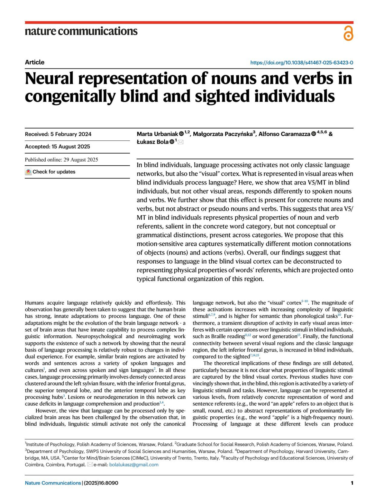 Neural Representation Of Nouns And Verbs In Congenitally Blind And Sighted Individuals Marta Urbaniak