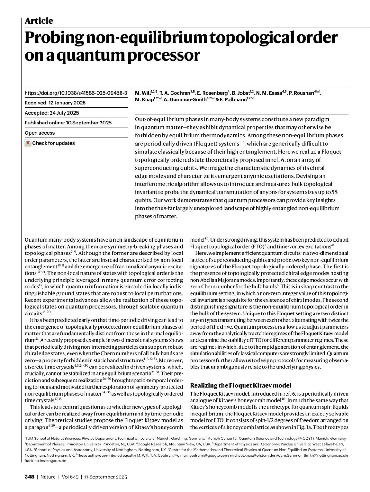 Probing Nonequilibrium Topological Order On A Quantum Processor M Will