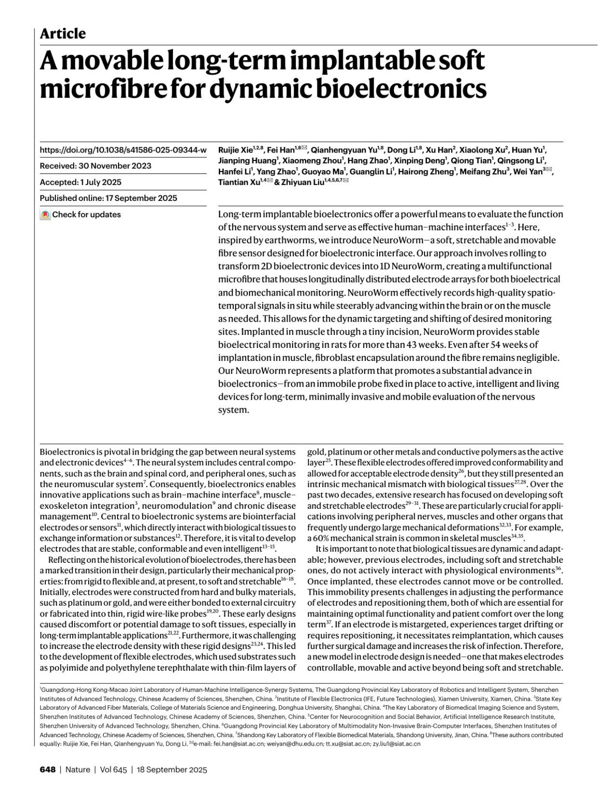 A Movable Longterm Implantable Soft Microfibre For Dynamic Bioelectronics Ruijie Xie Fei Han Qianhengyuan Yu Dong Li Xu Han Xiaolong Xu Huan Yu Jianping Huang Xiaomeng Zhou Hang Zhao Xinping Deng Qiong Tian Qingsong Li Hanfei Li Yang Zhao Guoyao Ma Guanglin Li Hairong Zheng Meifang Zhu