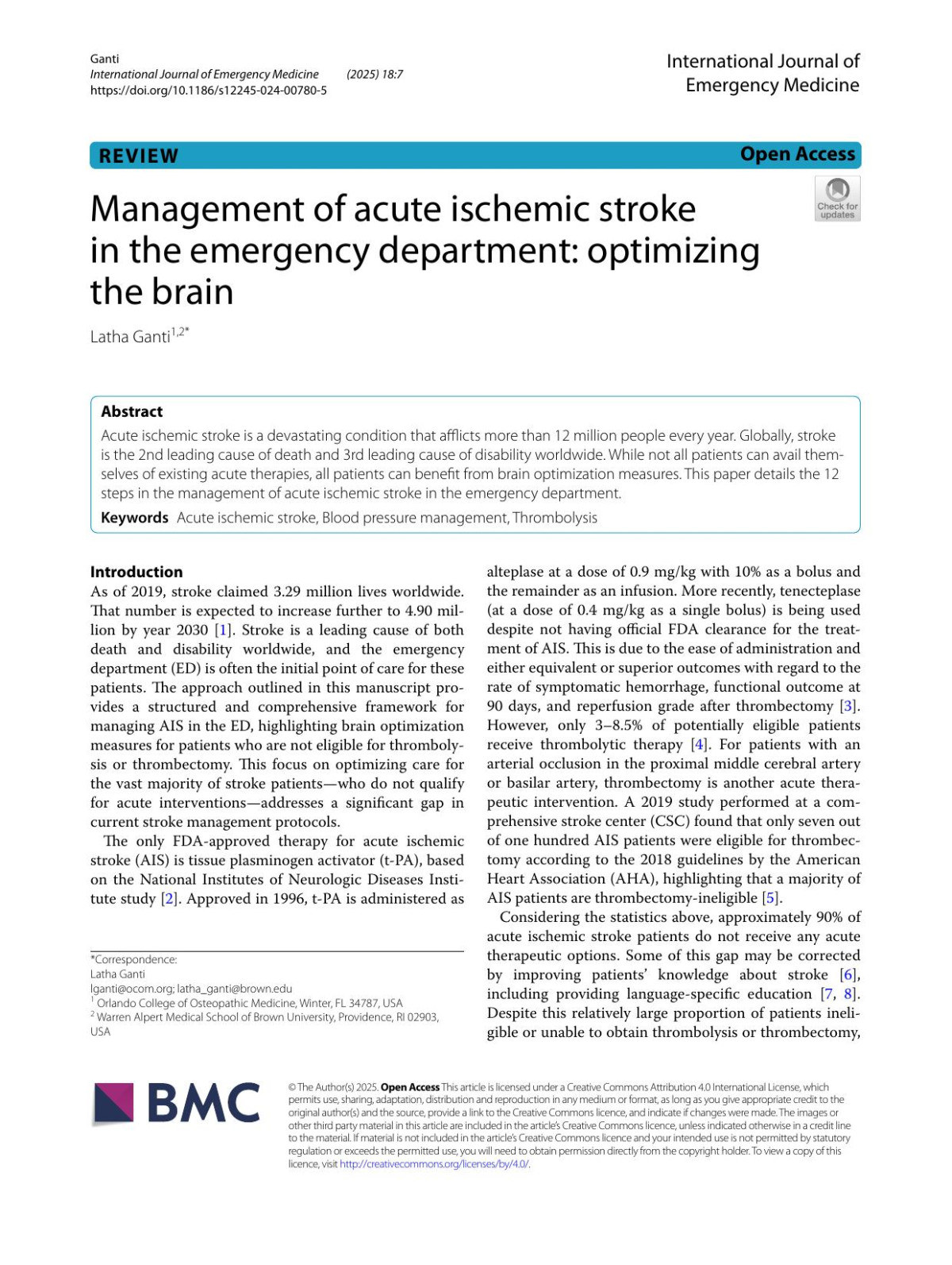 Management Of Acute Ischemic Stroke In The Emergency Department Optimizing The Brain Latha Ganti