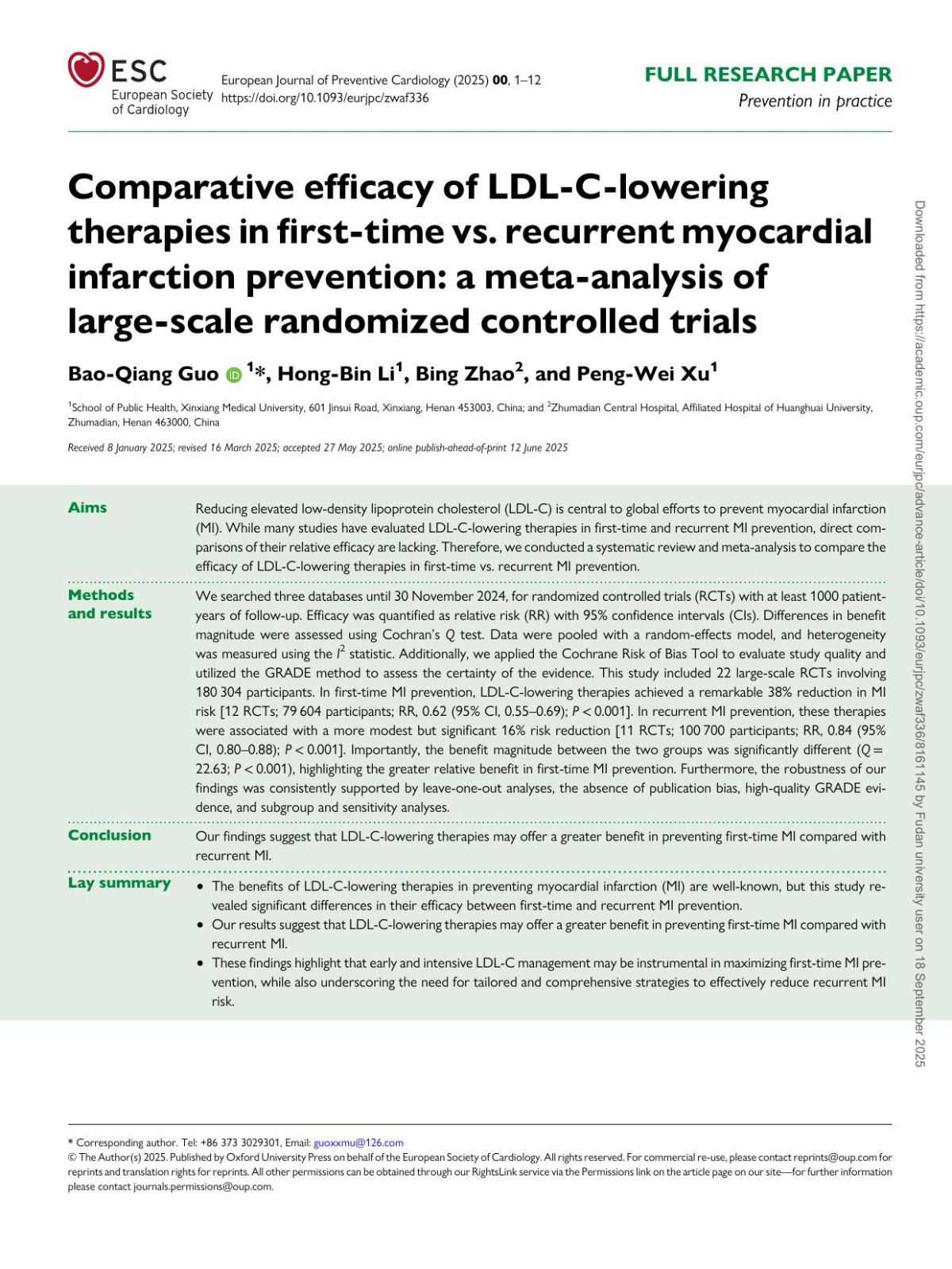 Comparative Efficacy Of Ldlclowering Therapies In Firsttime Vs Recurrent Myocardial Infarction Prevention A Metaanalysis Of Largescale Randomized Controlled Trials Baoqiang Guo