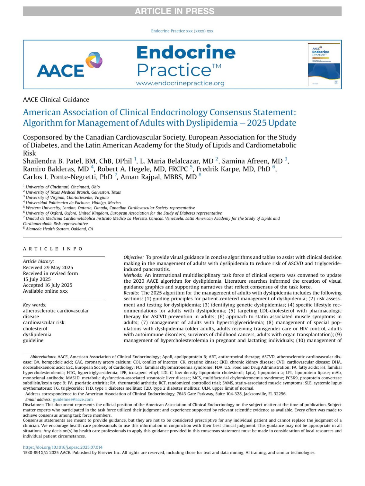 American Association Of Clinical Endocrinology Consensus Statement Algorithm For Management Of Adults With Dyslipidemia 2025 Update Shailendra B Patel Bm Chb Dphil