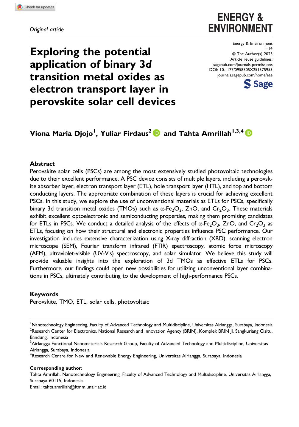 Exploring The Potential Application Of Binary 3d Transition Metal Oxides As Electron Transport Layer In Perovskite Solar Cell Devices Djojo
