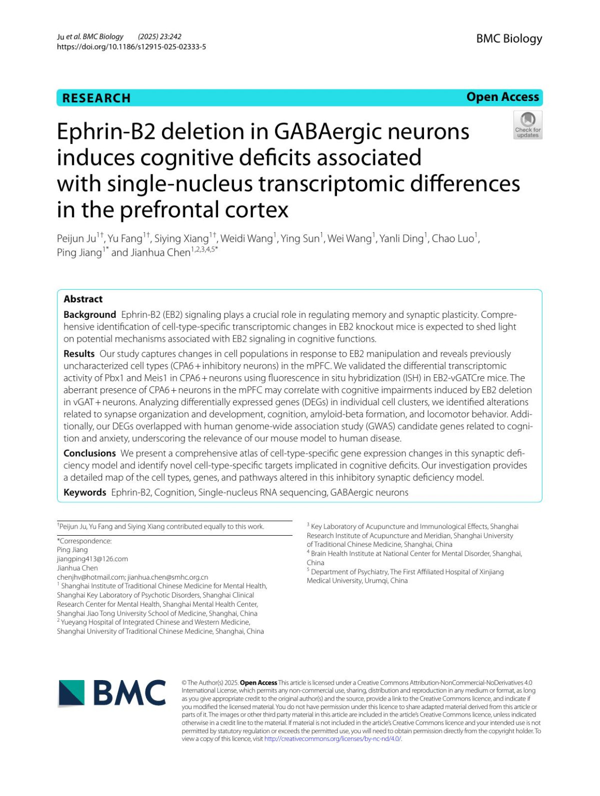 Ephrinb2 Deletion In Gabaergic Neurons Induces Cognitive Deficits Associated With Singlenucleus Transcriptomic Differences In The Prefrontal Cortex Peijun Ju Yu Fang Siying Xiang Weidi Wang Ying Sun Wei Wang Yanli Ding Chao Luo Ping Jiang Jianhua Chen