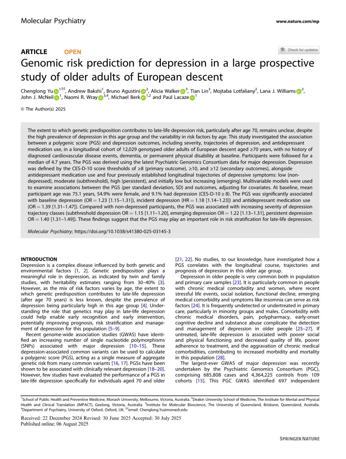 Genomic Risk Prediction For Depression In A Large Prospective Study Of Older Adults Of European Descent Chenglong Yu