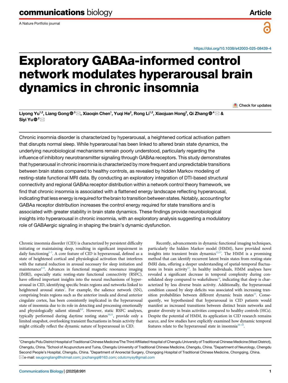 Exploratory Gabaainformed Control Network Modulates Hyperarousal Brain Dynamics In Chronic Insomnia Liyong Yu