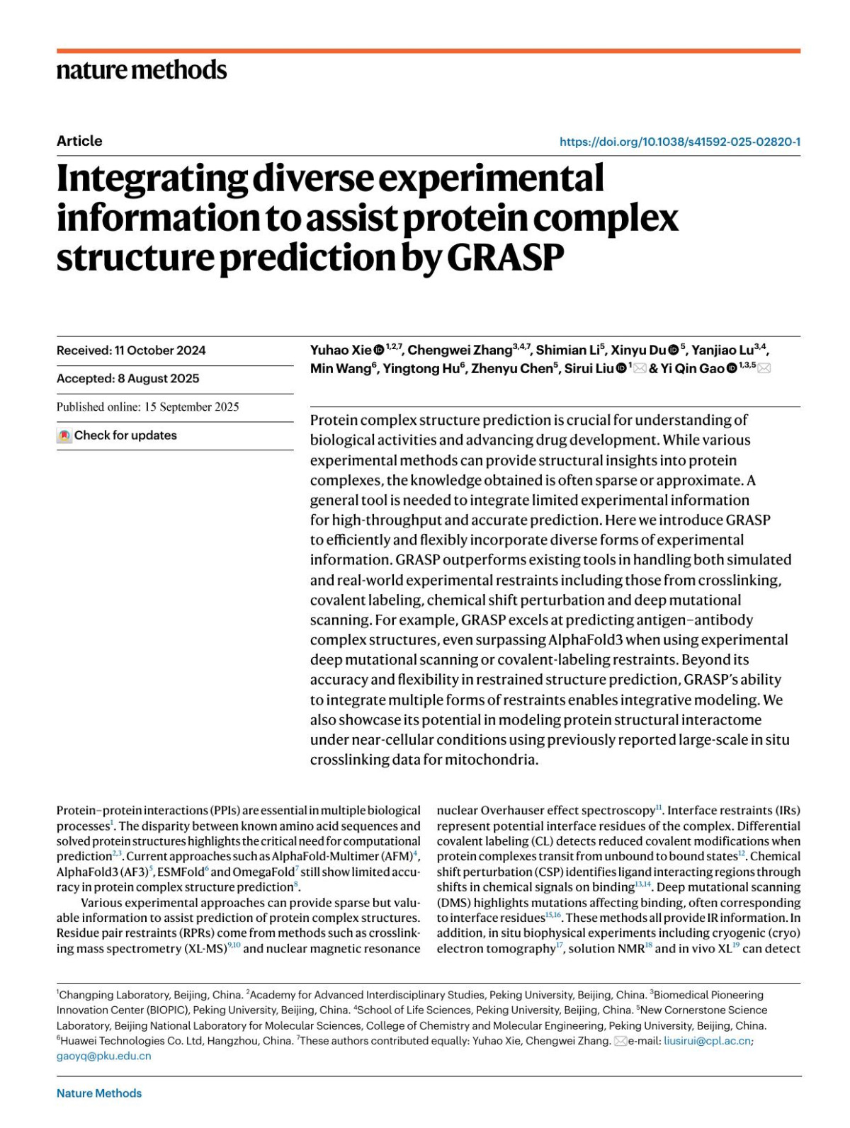 Integrating Diverse Experimental Information To Assist Protein Complex Structure Prediction By Grasp Yuhao Xie Chengwei Zhang Shimian Li Xinyu Du Yanjiao Lu Min Wang Yingtong Hu Zhenyu Chen Sirui Liu Yi Qin Gao