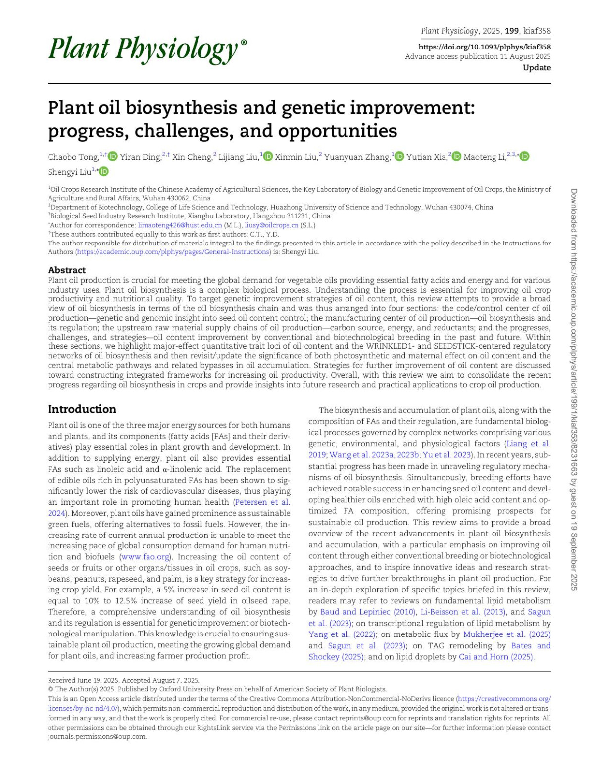 Plant Oil Biosynthesis And Genetic Improvement Progress Challenges And Opportunities Chaobo Tong Yiran Ding Xin Cheng Lijiang Liu Xinmin Liu Yuanyuan Zhang Yutian Xia Maoteng Li Shengyi Liu