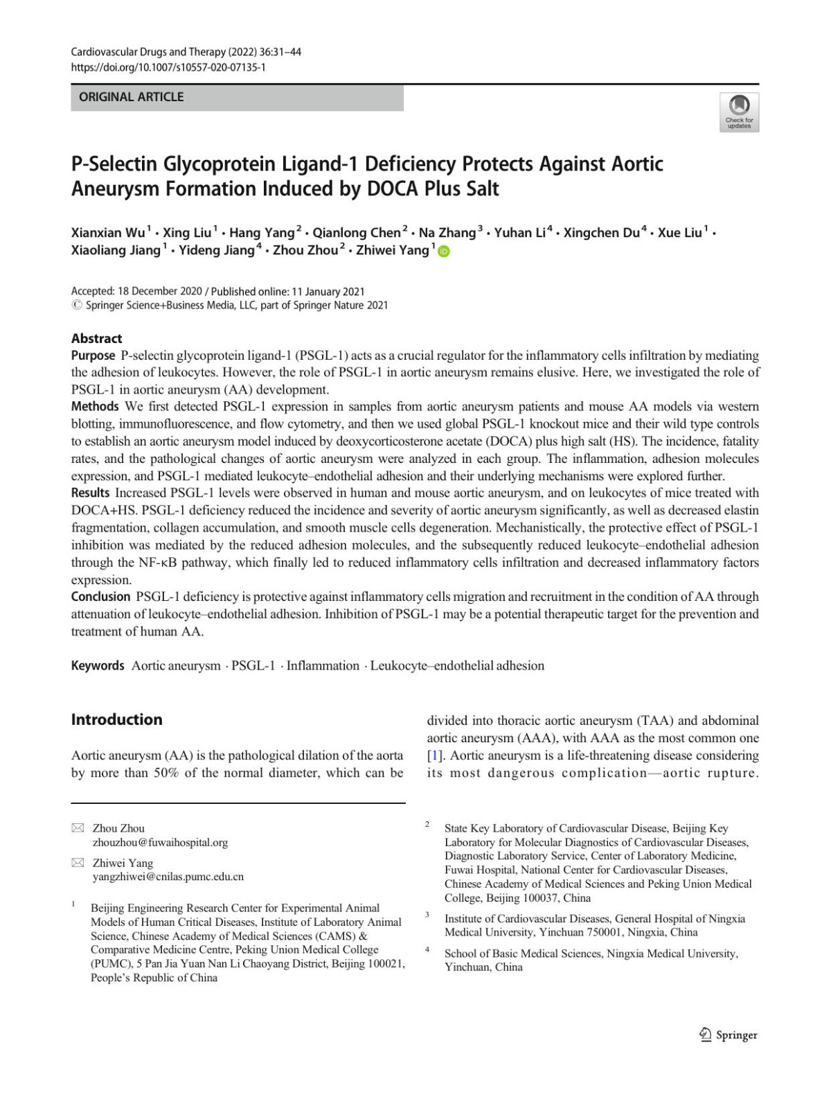 Pselectin Glycoprotein Ligand1 Deficiency Protects Against Aortic Aneurysm Formation Induced By Doca Plus Salt Xianxian Wu Xing Liu Hang Yang Qianlong Chen Na Zhang Yuhan Li Xingchen Du Xue Liu Xiaoliang Jiang Yideng Jiang Zhou Zhou Zhiwei Yang