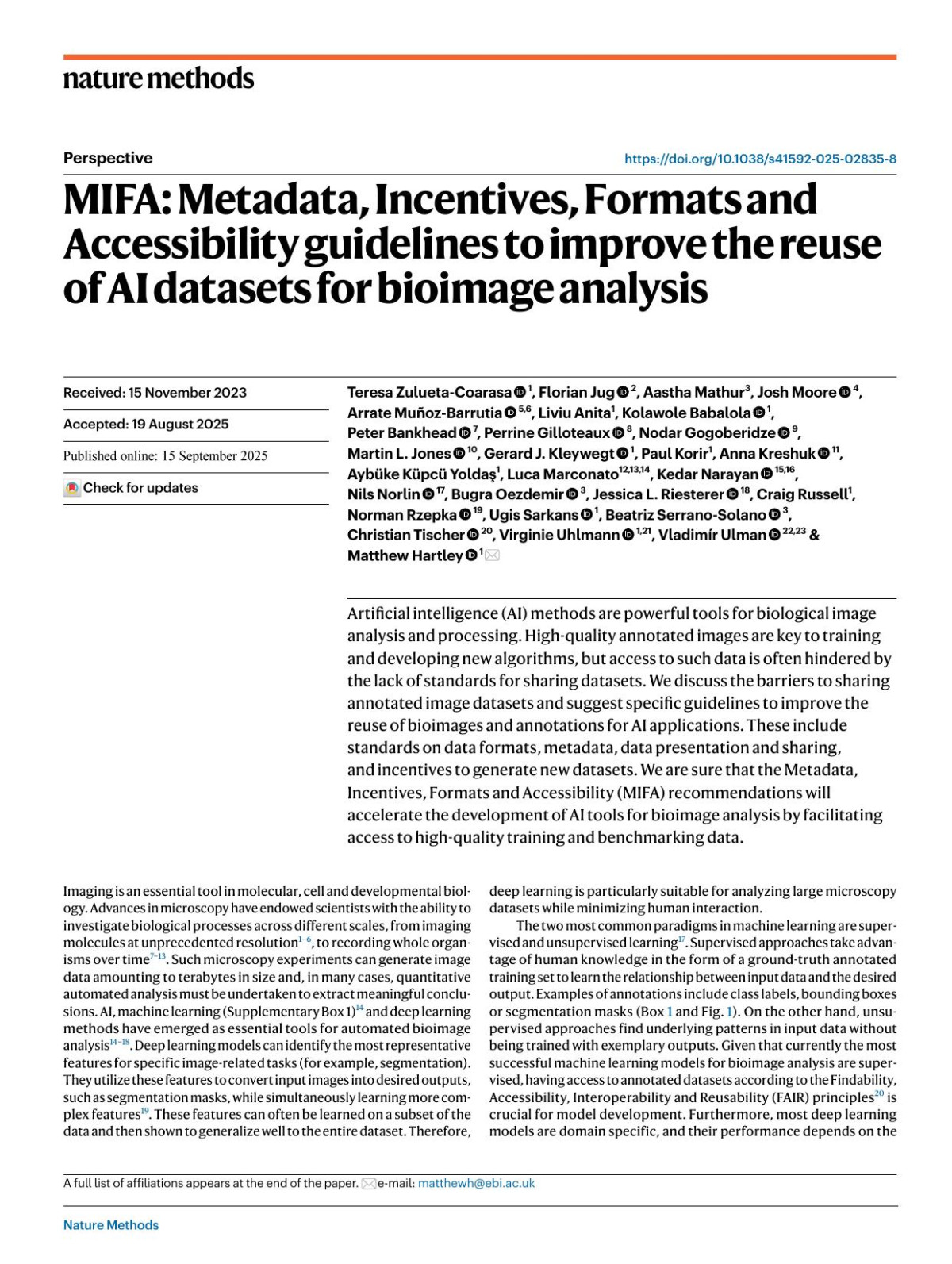 Mifa Metadata Incentives Formats And Accessibility Guidelines To Improve The Reuse Of Ai Datasets For Bioimage Analysis Teresa Zuluetacoarasa Florian Jug Aastha Mathur Josh Moore Arrate Muampx000f1ozbarrutia Liviu Anita Kolawole Babalola Peter Bankhead Perrine Gilloteaux Nodar Gogoberidze Martin L Jones Gerard J Kleywegt Paul Korir Anna