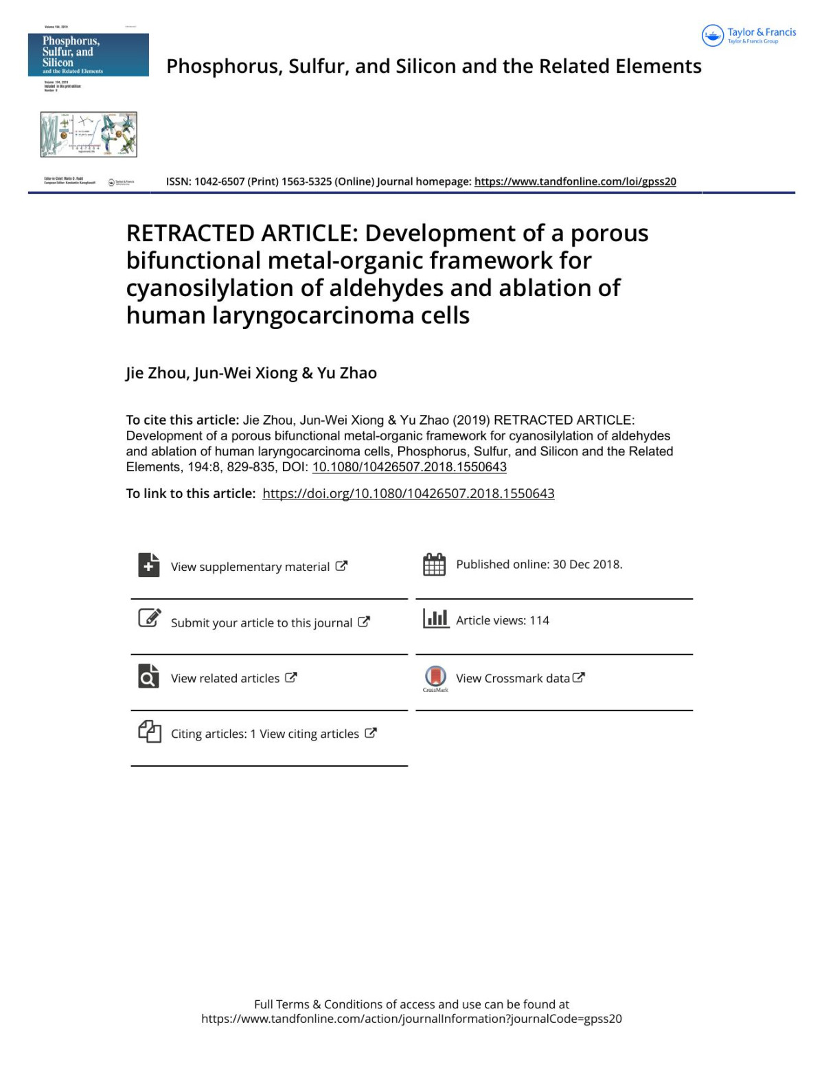 Retracted Article Development Of A Porous Bifunctional Metalorganic Framework For Cyanosilylation Of Aldehydes And Ablation Of Human Laryngocarcinoma Cells Zhou Jie Xiong Junwei Zhao Yu