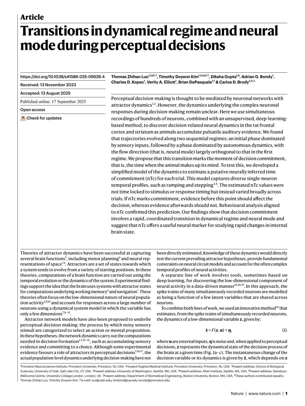 Transitions In Dynamical Regime And Neural Mode During Perceptual Decisions Thomas Zhihao Luo