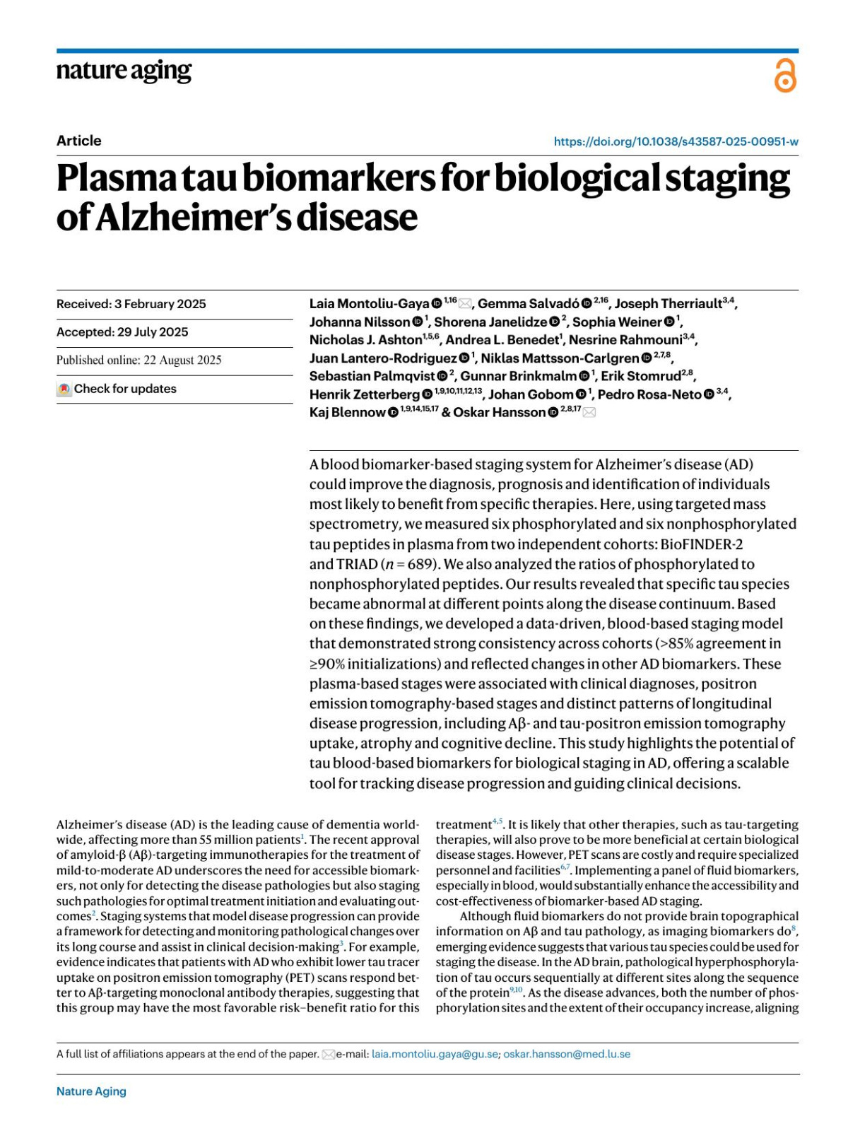 Plasma Tau Biomarkers For Biological Staging Of Alzheimers Disease Laia Montoliugaya Gemma Salvadampx000f3 Joseph Therriault Johanna Nilsson Shorena Janelidze Sophia Weiner Nicholas J Ashton Andrea L Benedet Nesrine Rahmouni Juan Lanterorodriguez Niklas Mattssoncarlgren Sebastian Palmqvist