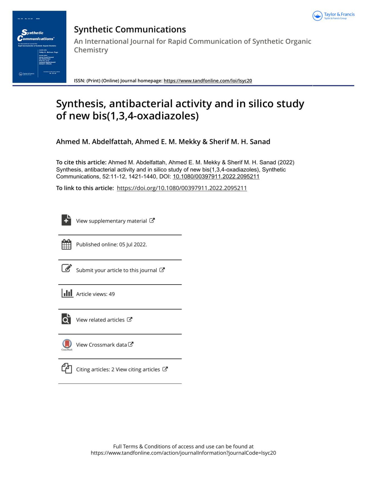 Synthesis Antibacterial Activity And In Silico Study Of New Bis134oxadiazoles Abdelfattah Ahmed M Mekky Ahmed E M Sanad Sherif M H