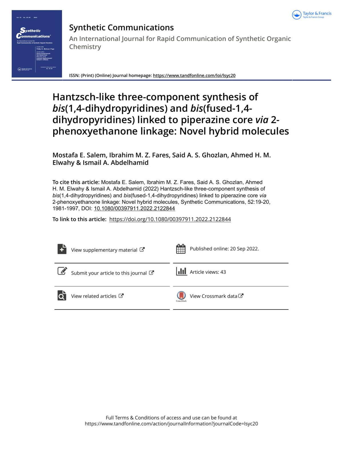 Hantzschlike Threecomponent Synthesis Of Bis14dihydropyridines And Bisfused14dihydropyridines Linked To Piperazine Core Via 2phenoxyethanone Linkage Novel Hybrid Molecules Salem Mostafa E Fares Ibrahim M Z Ghozlan Said A S Elwahy Ahmed H M Abdelhamid Ismail A