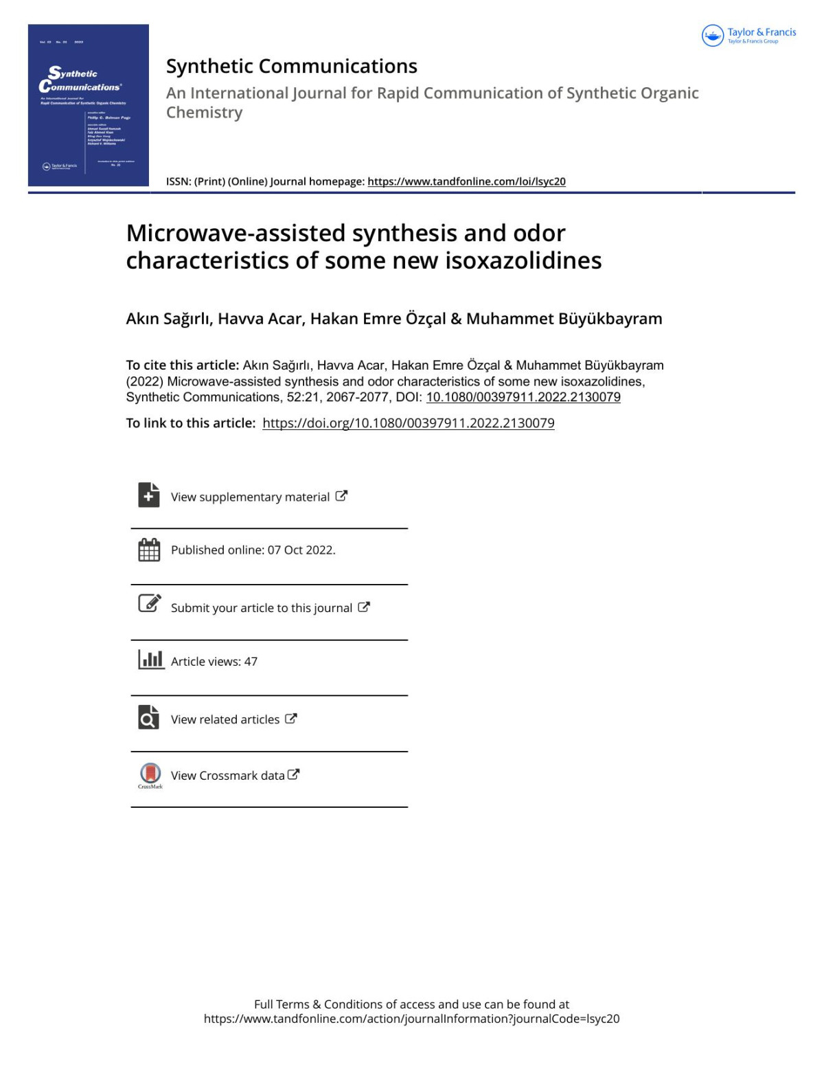 Microwaveassisted Synthesis And Odor Characteristics Of Some New Isoxazolidines Sağırlı Akın Acar Havva özçal Hakan Emre Büyükbayram Muhammet