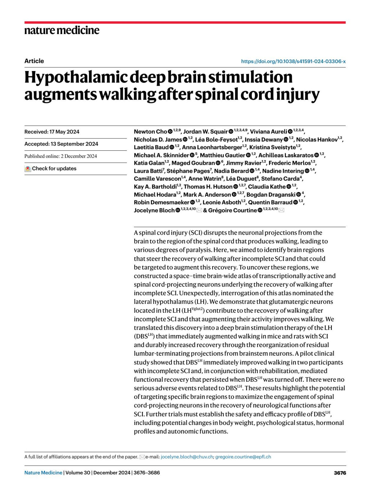 Hypothalamic Deep Brain Stimulation Augments Walking After Spinal Cord Injury Newton Cho Jordan W Squair Viviana Aureli Nicholas D James Léa Bolefeysot Inssia Dewany Nicolas Hankov Laetitia Baud Anna Leonhartsberger Kristina Sveistyte Michael A Skinnider Matthieu Gautier Achilleas Laskaratos Katia