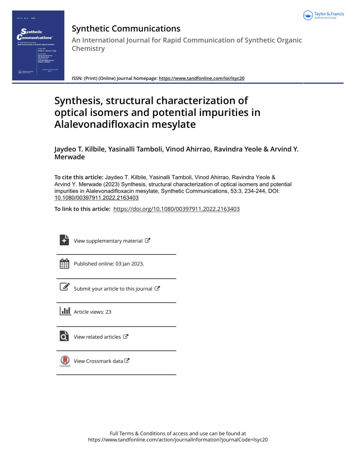 Synthesis Structural Characterization Of Optical Isomers And Potential Impurities In Alalevonadifloxacin Mesylate Kilbile Jaydeo T Tamboli Yasinalli Ahirrao Vinod Yeole Ravindra Merwade Arvind Y