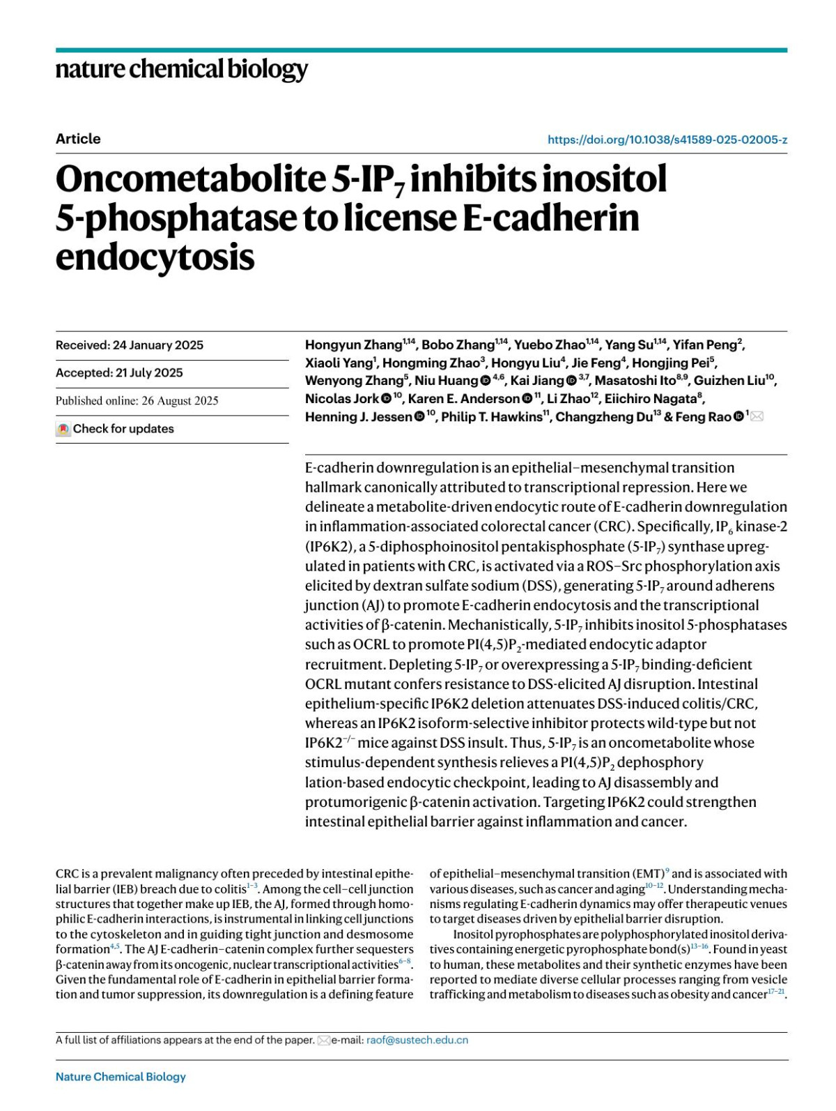 Oncometabolite 5ip7 Inhibits Inositol 5phosphatase To License Ecadherin Endocytosis Hongyun Zhang Bobo Zhang Yuebo Zhao Yang Su Yifan Peng Xiaoli Yang Hongming Zhao Hongyu Liu Jie Feng Hongjing Pei Wenyong Zhang Niu Huang Kai Jiang Masatoshi Ito Guizhen Liu Nicolas Jork Karen E Anderson Li Zhao