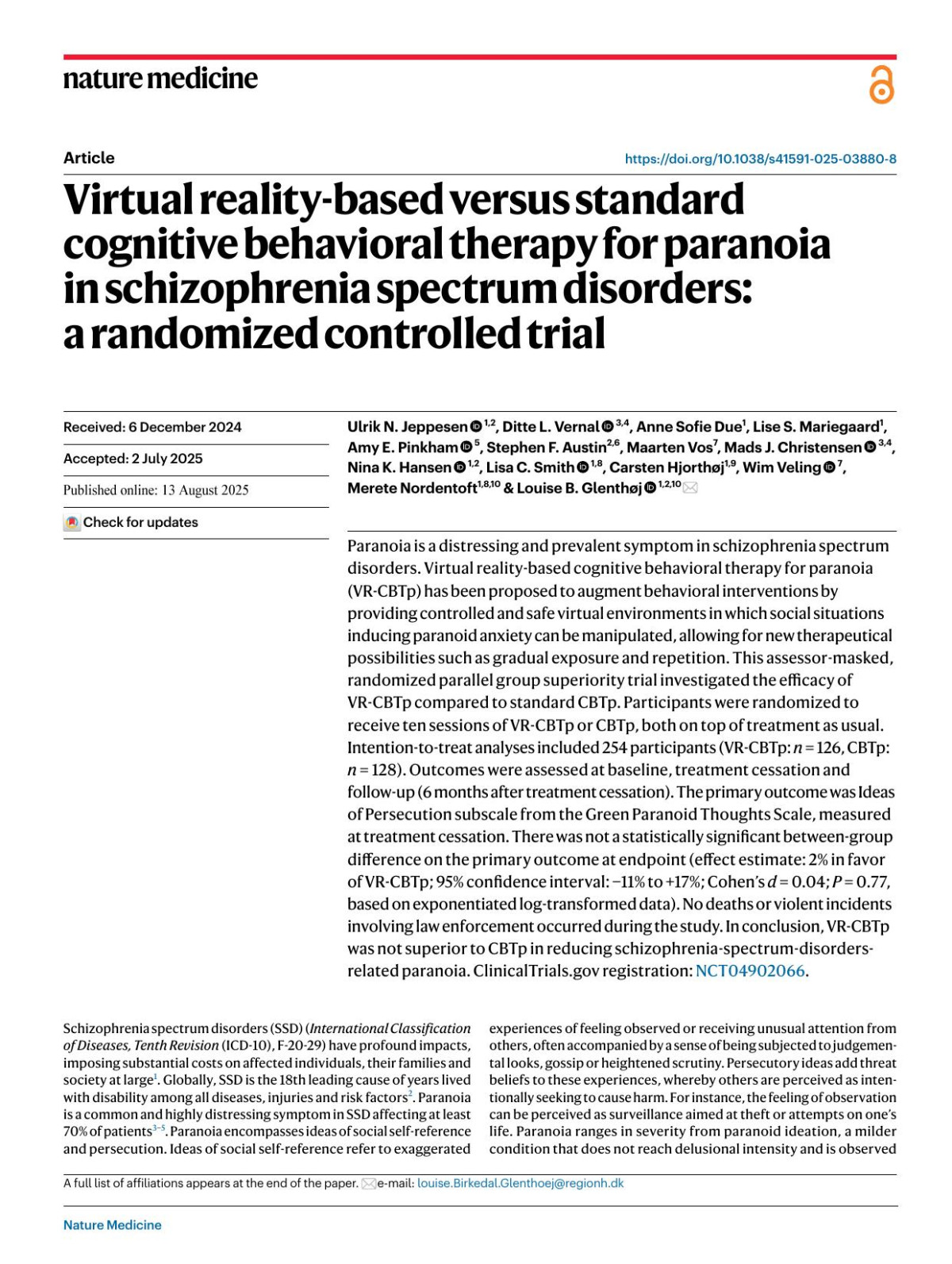 Virtual Realitybased Versus Standard Cognitive Behavioral Therapy For Paranoia In Schizophrenia Spectrum Disorders A Randomized Controlled Trial Ulrik N Jeppesen Ditte L Vernal Anne Sofie Due Lise S Mariegaard Amy E Pinkham Stephen F Austin Maarten Vos Mads J Christensen Nina K Hansen Lisa C Smith Carsten Hjorthampx000f8j Wim Veling Merete Nordentoft Louise