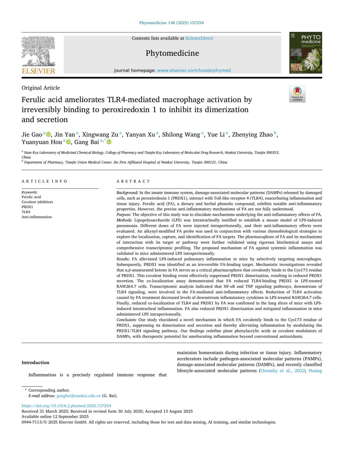 Ferulic Acid Ameliorates Tlr4mediated Macrophage Activation By Irreversibly Binding To Peroxiredoxin 1 To Inhibit Its Dimerization And Secretion Jie Gao