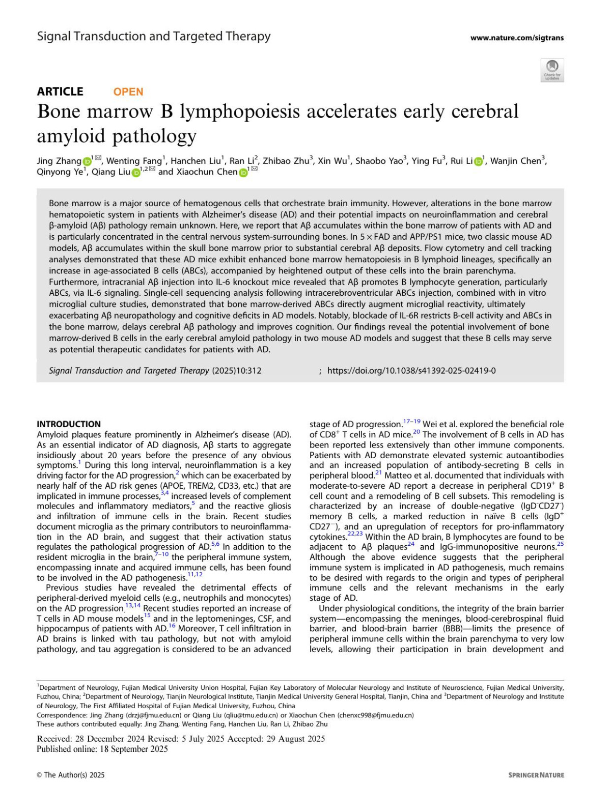 Bone Marrow B Lymphopoiesis Accelerates Early Cerebral Amyloid Pathology Jing Zhang Wenting Fang Hanchen Liu Ran Li Zhibao Zhu Xin Wu Shaobo Yao Ying Fu Rui Li Wanjin Chen Qinyong Ye Qiang Liu Xiaochun Chen