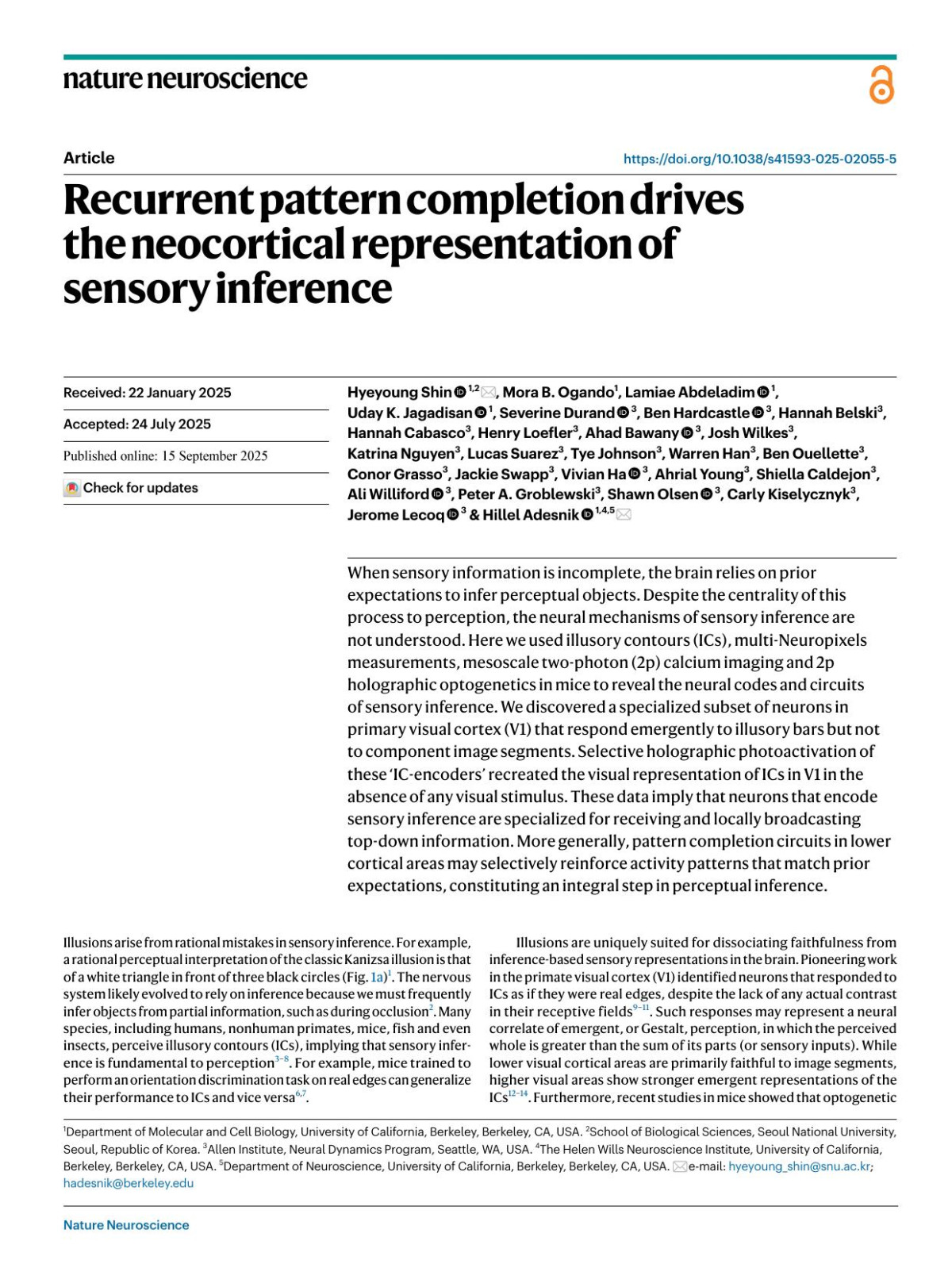 Recurrent Pattern Completion Drives The Neocortical Representation Of Sensory Inference Hyeyoung Shin Mora B Ogando Lamiae Abdeladim Uday K Jagadisan Severine Durand Ben Hardcastle Hannah Belski Hannah Cabasco Henry Loefler Ahad Bawany Josh Wilkes Katrina Nguyen Lucas Suarez Tye Johnson Warren Han Ben