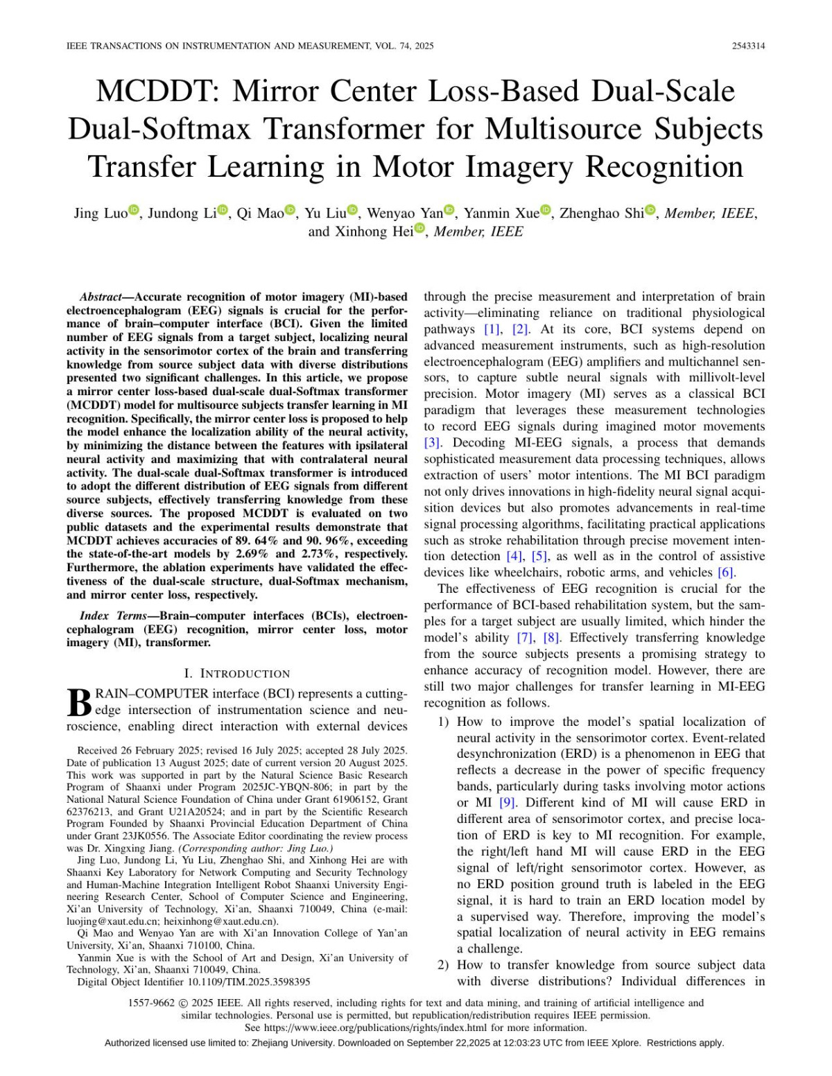 Mcddt Mirror Center Lossbased Dualscale Dualsoftmax Transformer For Multisource Subjects Transfer Learning In Motor Imagery Recognition Jing Luo