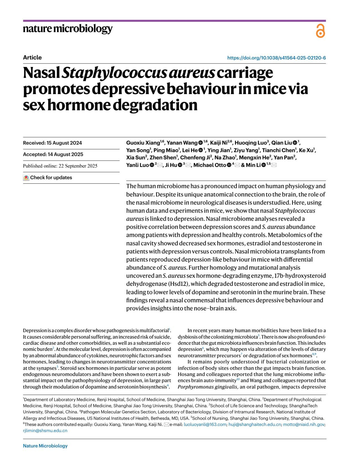 Nasal Staphylococcus Aureus Carriage Promotes Depressive Behaviour In Mice Via Sex Hormone Degradation Guoxiu Xiang Yanan Wang Kaiji Ni Huoqing Luo Qian Liu Yan Song Ping Miao Lei He Ying Jian Ziyu Yang Tianchi Chen Ke Xu Xia Sun Zhen Shen Chenfeng Ji Na Zhao Mengxin He Yan Pan Yanli Luo Ji Hu Michael Otto Min Li