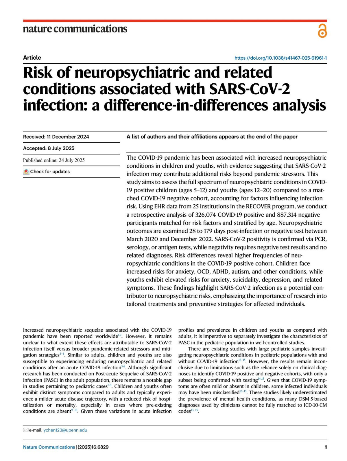 Risk Of Neuropsychiatric And Related Conditions Associated With Sarscov2 Infection A Differenceindifferences Analysis Yiwen Lu