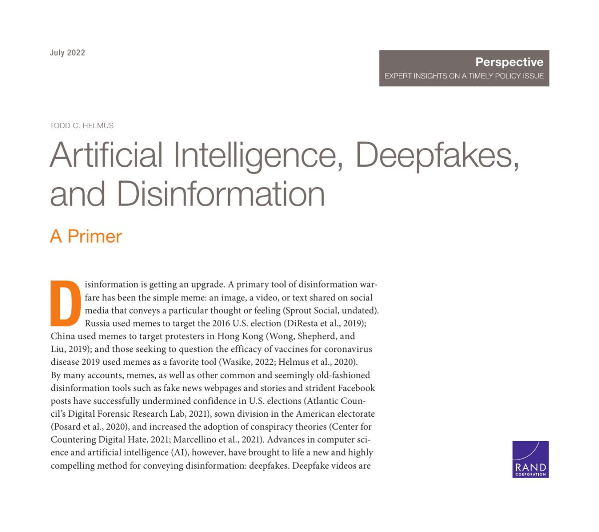 Artificial Intelligence Deepfakes And Disinformation A Primer Todd C Helmus