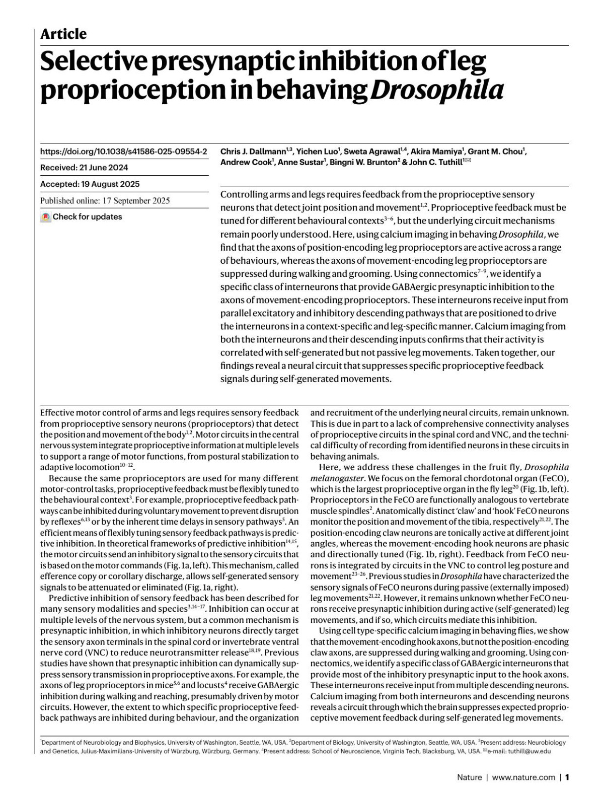Selective Presynaptic Inhibition Of Leg Proprioception In Behaving Drosophila Chris J Dallmann Yichen Luo Sweta Agrawal Akira Mamiya Grant M Chou Andrew Cook Anne Sustar Bingni W Brunton John C Tuthill