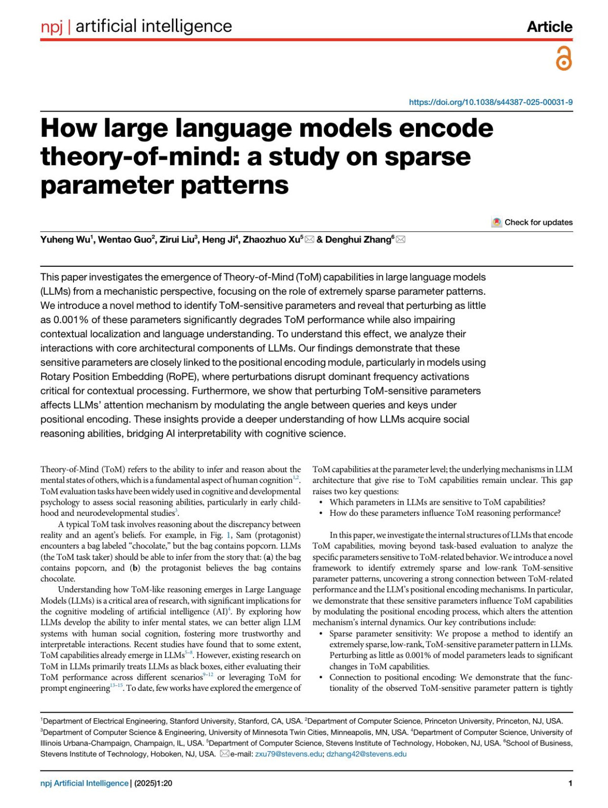 How Large Language Models Encode Theoryofmind A Study On Sparse Parameter Patterns Yuheng Wu Wentao Guo Zirui Liu Heng Ji Zhaozhuo Xu Denghui Zhang