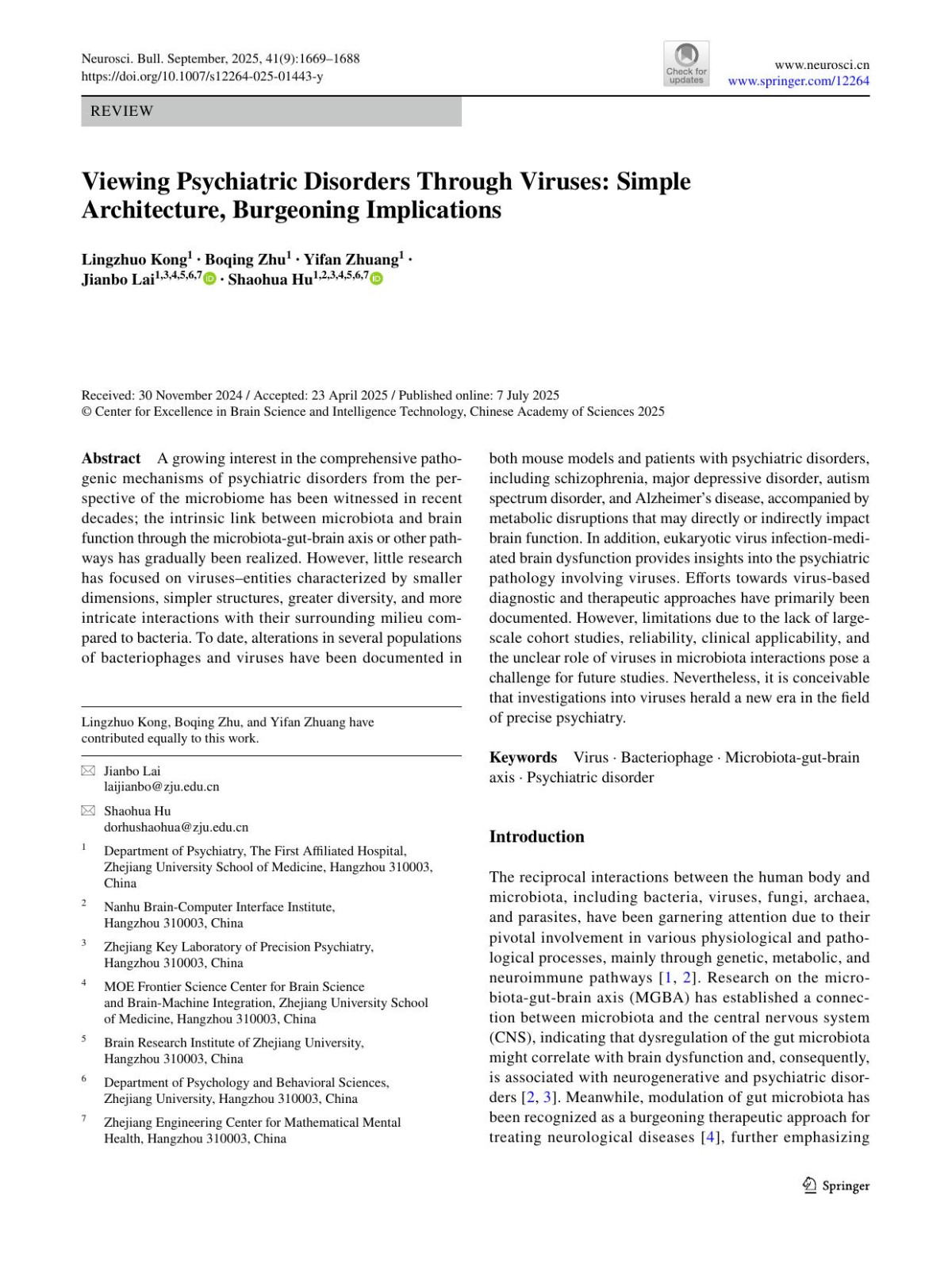 Viewing Psychiatric Disorders Through Viruses Simple Architecture Burgeoning Implications Lingzhuo Kong Boqing Zhu Yifan Zhuang Jianbo Lai Shaohua Hu