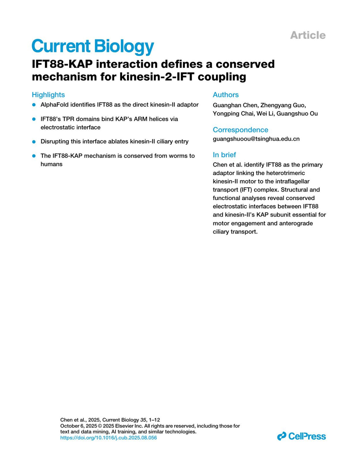 Ift88kap Interaction Defines A Conservedmechanism For Kinesin2ift Coupling Guanghan Chen Zhengyang Guo Yongping Chai Wei Li Guangshuo Ou