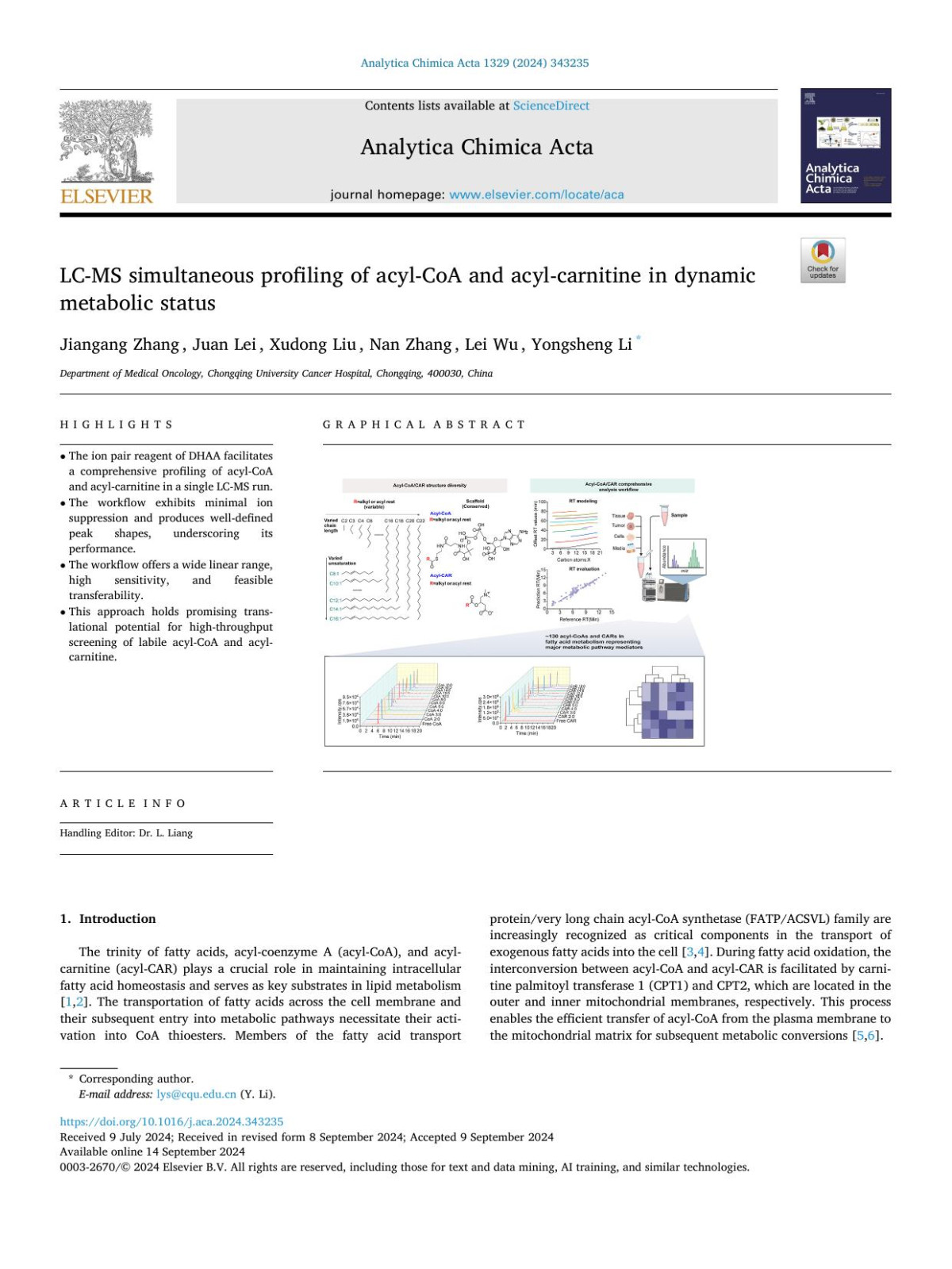 Lcms Simultaneous Profiling Of Acylcoa And Acylcarnitine In Dynamic Metabolic Status Jiangang Zhang