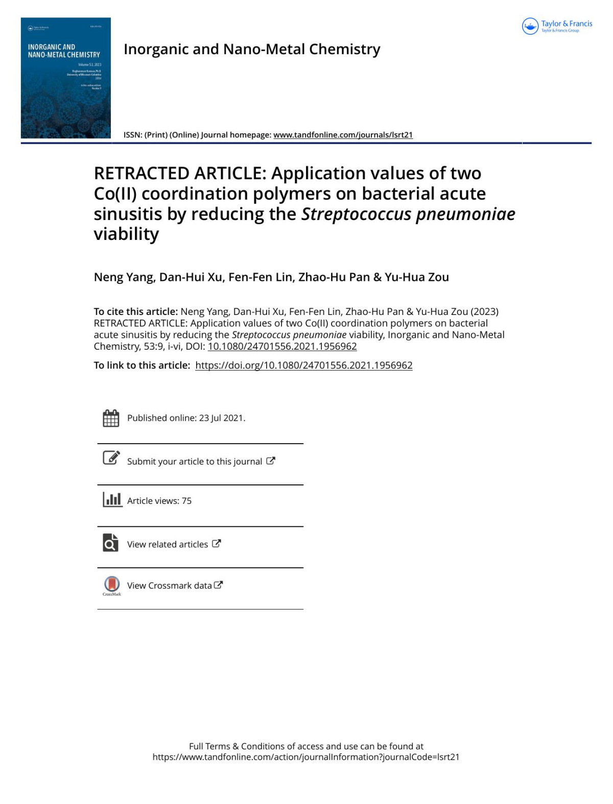 Retracted Article Application Values Of Two Coii Coordination Polymers On Bacterial Acute Sinusitis By Reducing The Streptococcus Pneumoniae Viability Yang Neng Xu Danhui Lin Fenfen Pan Zhaohu Zou Yuhua