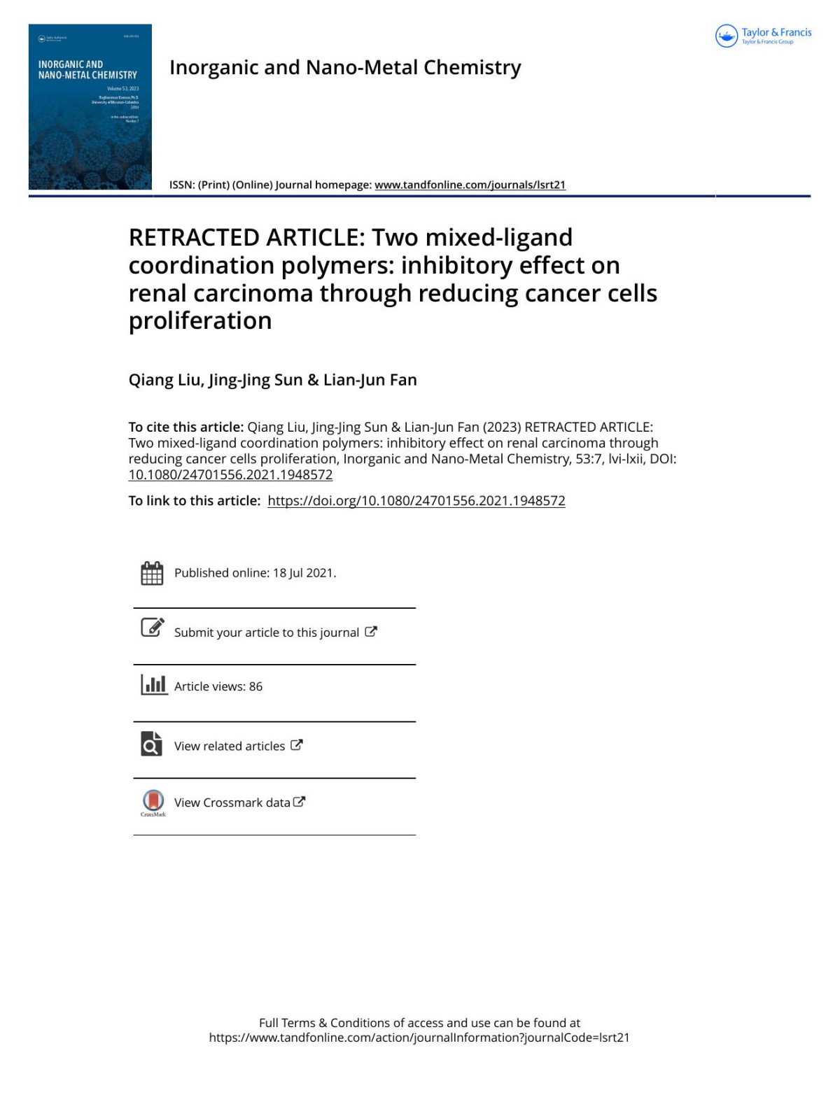 Retracted Article Two Mixedligand Coordination Polymers Inhibitory Effect On Renal Carcinoma Through Reducing Cancer Cells Proliferation Liu Qiang Sun Jingjing Fan Lianjun