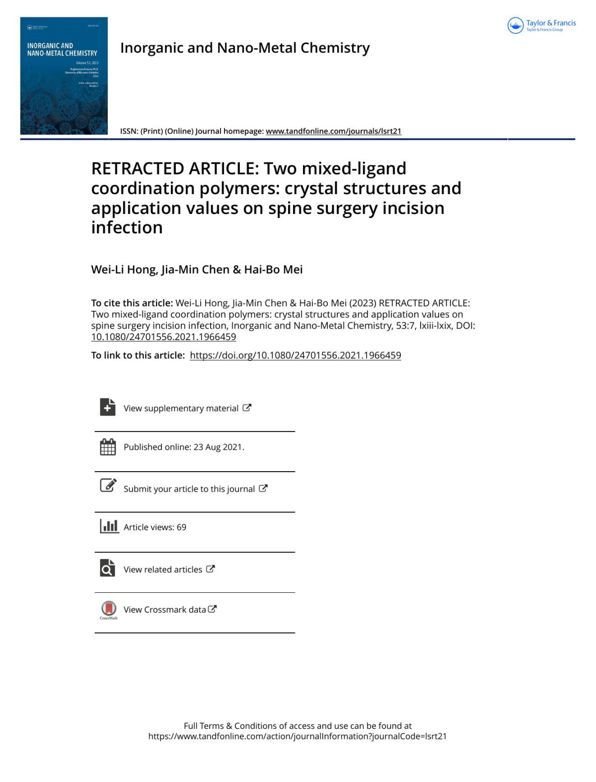 Retracted Article Two Mixedligand Coordination Polymers Crystal Structures And Application Values On Spine Surgery Incision Infection Hong Weili Chen Jiamin Mei Haibo