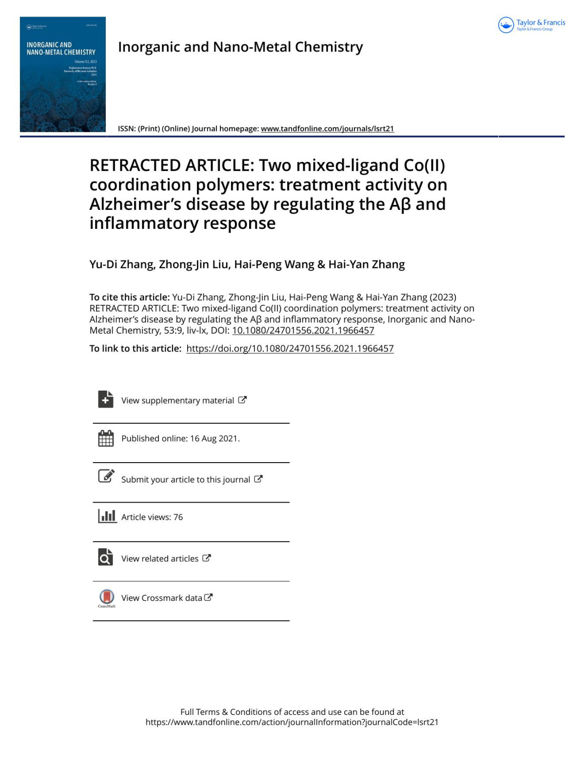 Retracted Article Two Mixedligand Coii Coordination Polymers Treatment Activity On Alzheimers Disease By Regulating The Aβ And Inflammatory Response Zhang Yudi Liu Zhongjin Wang Haipeng Zhang Haiyan