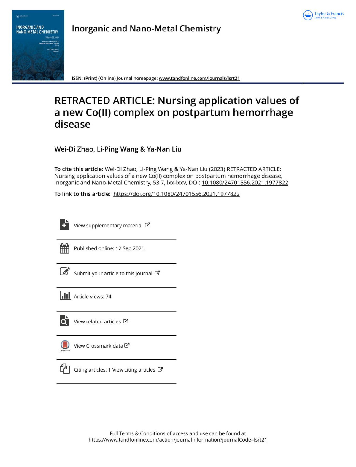 Retracted Article Nursing Application Values Of A New Coii Complex On Postpartum Hemorrhage Disease Zhao Weidi Wang Liping Liu Yanan
