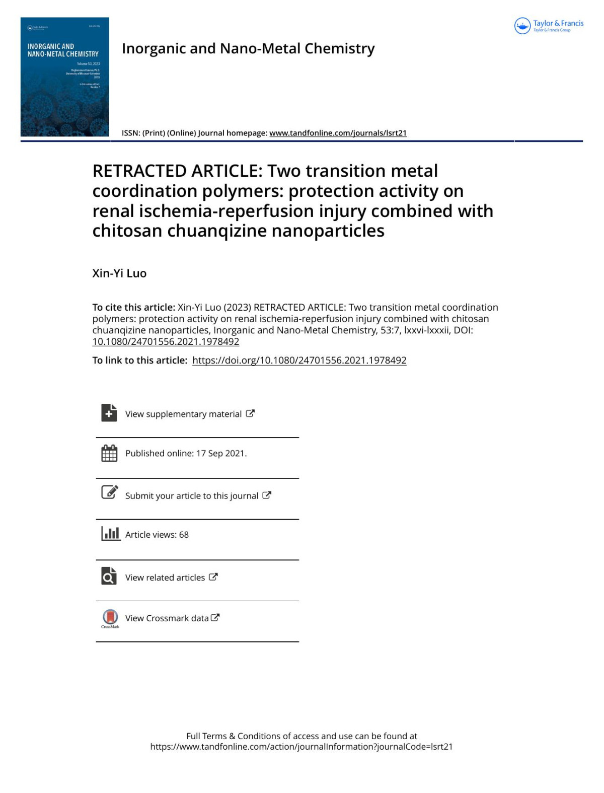 Retracted Article Two Transition Metal Coordination Polymers Protection Activity On Renal Ischemiareperfusion Injury Combined With Chitosan Chuanqizine Nanoparticles Luo Xinyi