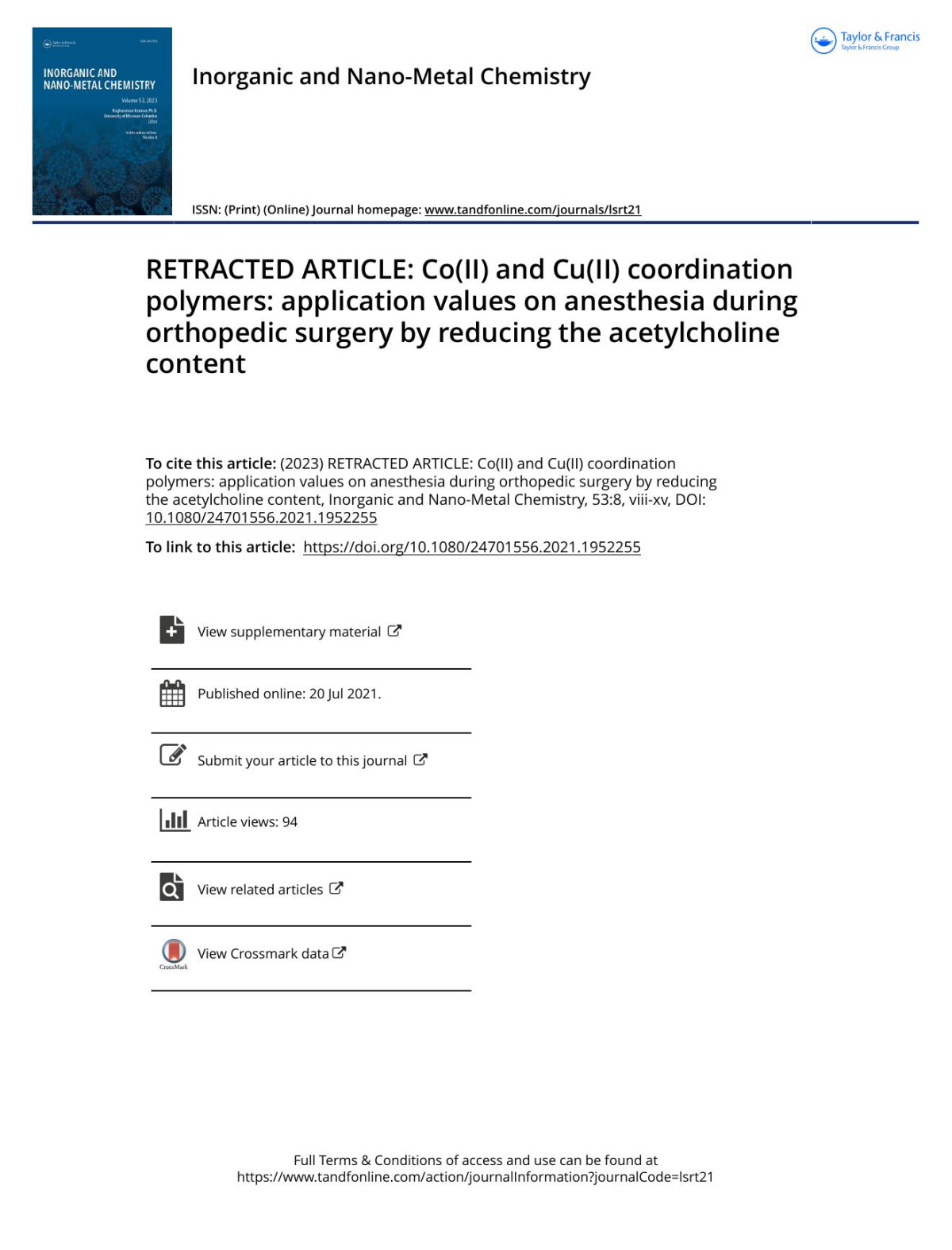 Retracted Article Coii And Cuii Coordination Polymers Application Values On Anesthesia During Orthopedic Surgery By Reducing The Acetylcholine Content Xu Jinghong Zhu Wenjuan Xiang Jingguo Xu Xia Chen Wenhai
