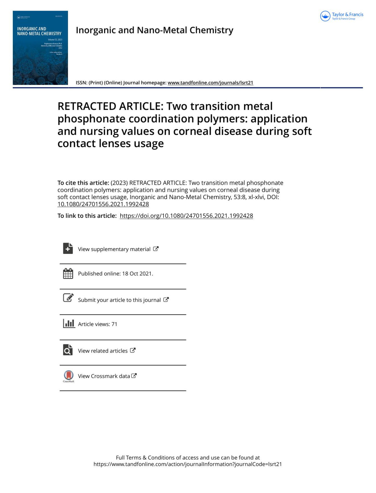 Retracted Article Two Transition Metal Phosphonate Coordination Polymers Application And Nursing Values On Corneal Disease During Soft Contact Lenses Usage Ma Suxiang Guo Xiaoling