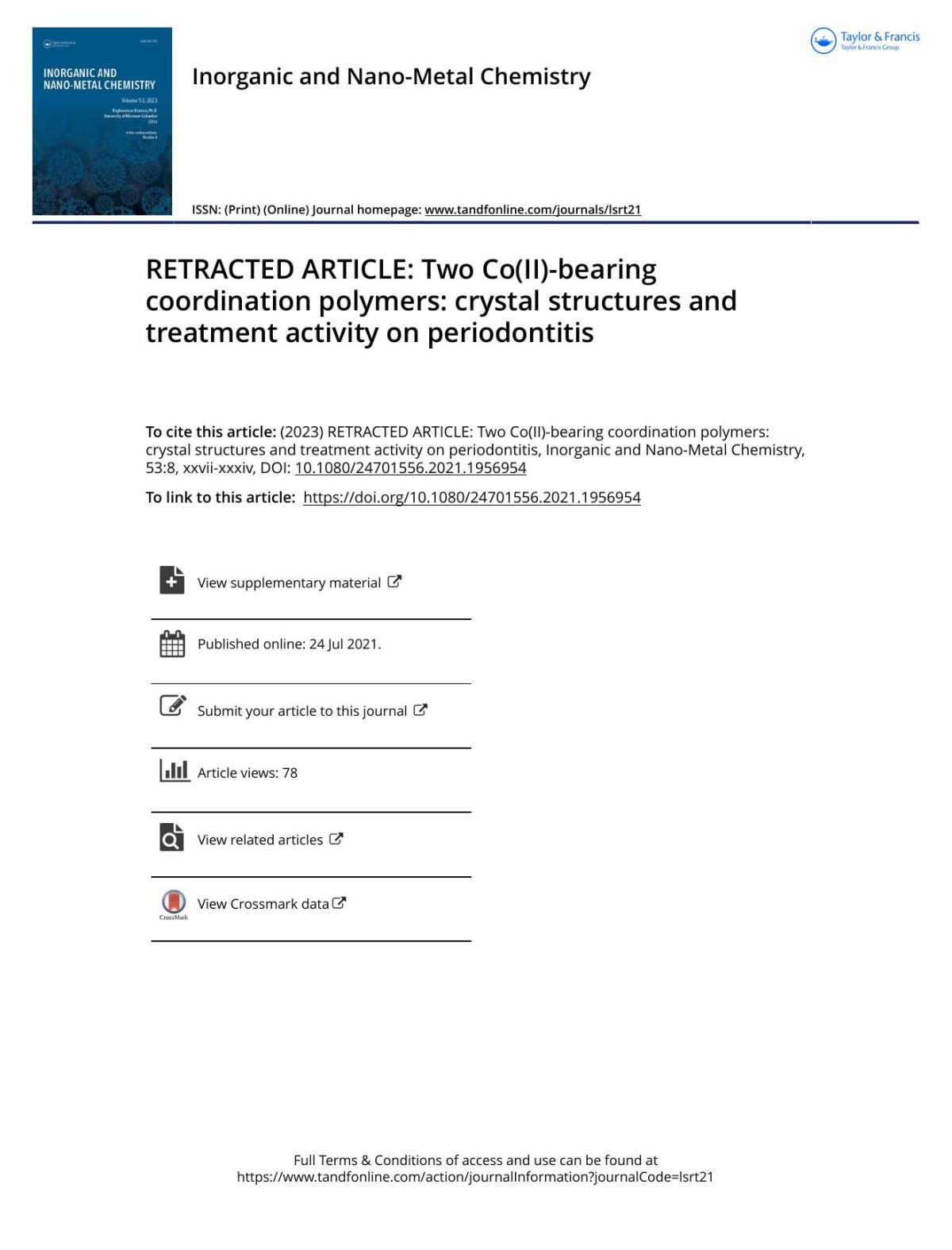 Retracted Article Two Coiibearing Coordination Polymers Crystal Structures And Treatment Activity On Periodontitis Wu Yinsheng Yu Weiliang