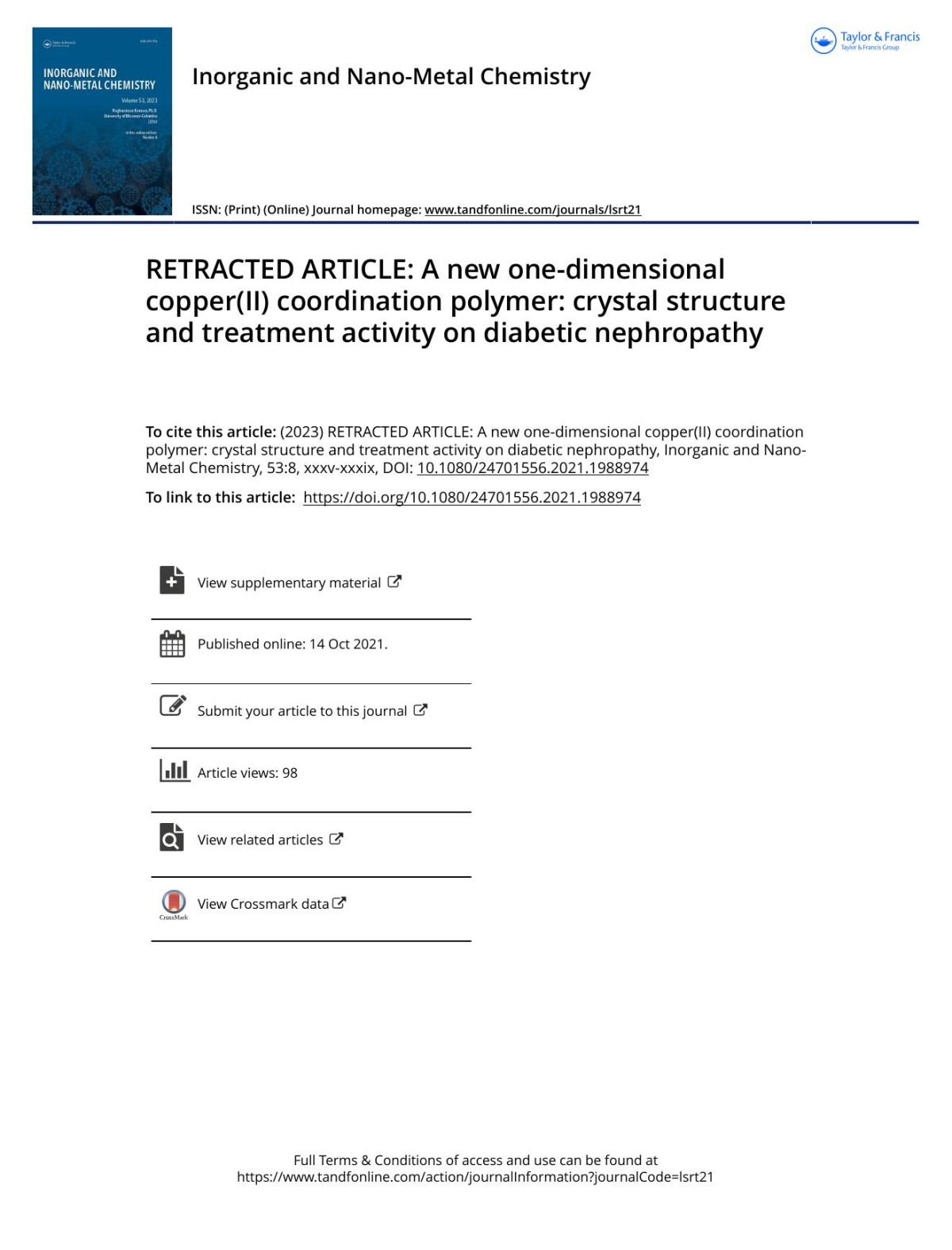 Retracted Article A New Onedimensional Copperii Coordination Polymer Crystal Structure And Treatment Activity On Diabetic Nephropathy Lin Panpan Xie Qiaoling Chen Lingwei