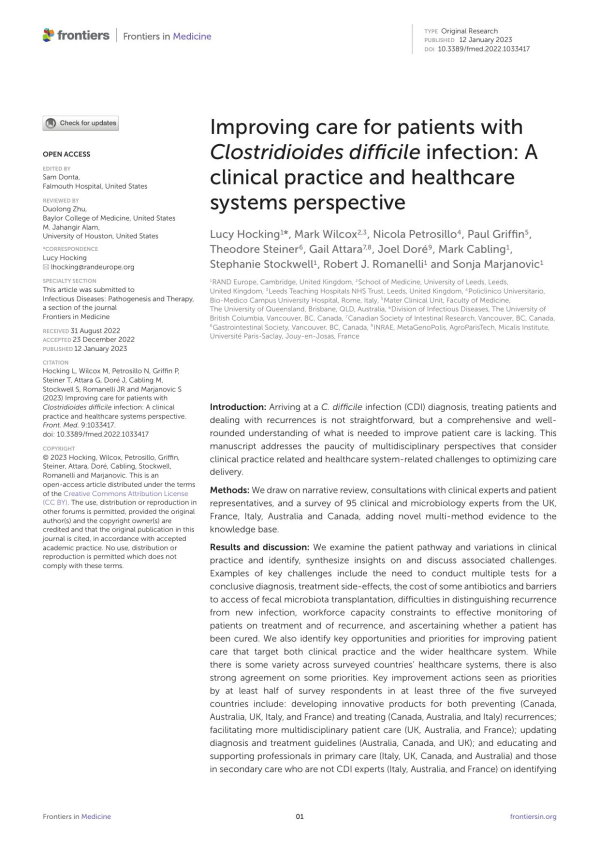 Improving Care For Patients With Clostridioides Difficile Infection A Clinical Practice And Healthcare Systems Perspective Lucy Hocking